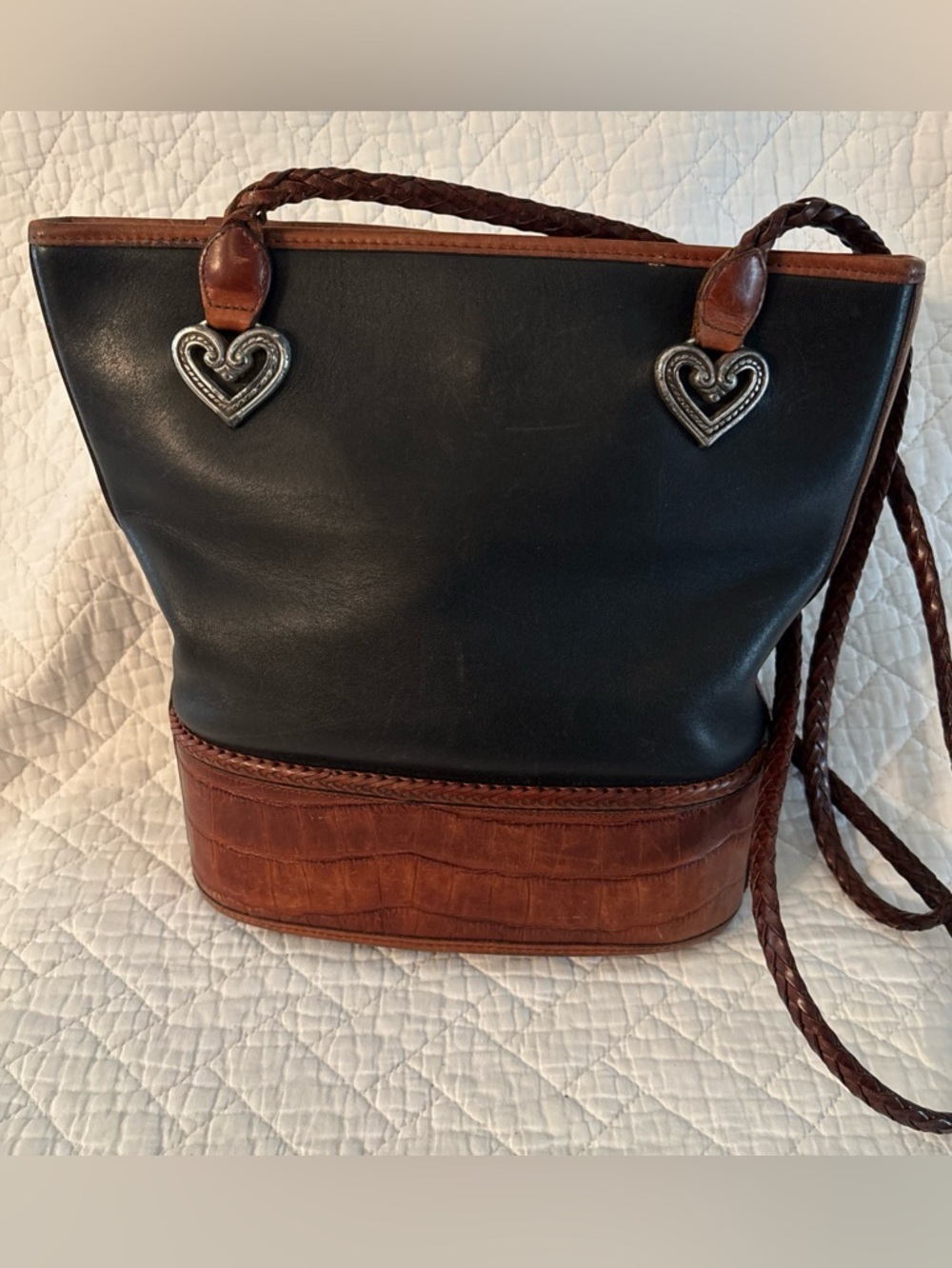 Brighton Black and Brown Leather Shoulder Bag with Heart Charms